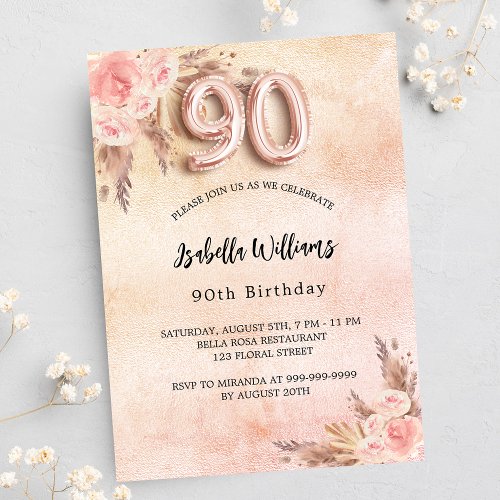 90th birthday pampas grass rose gold flowers boho invitation postcard