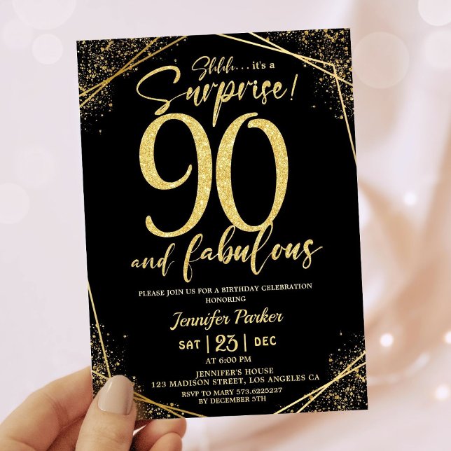 90th Birthday Party 90 Fabulous Black Gold Glitter Invitation (Creator Uploaded)