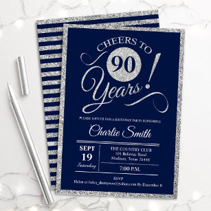 90th Birthday Party - ANY AGE Navy Silver Invitation