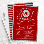 90th Birthday Party - ANY AGE Red Silver Invitation<br><div class="desc">90th birthday party invitation for men or women. Elegant invite card in red with faux glitter silver foil. Features typography script font. Cheers to 90 years! Can be personalized into any year. Perfect for a milestone adult bday celebration.</div>