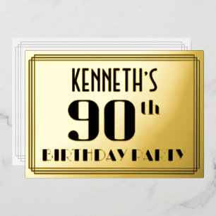 90th Birthday Party: Art Deco Look “90” and Name Foil Invitation