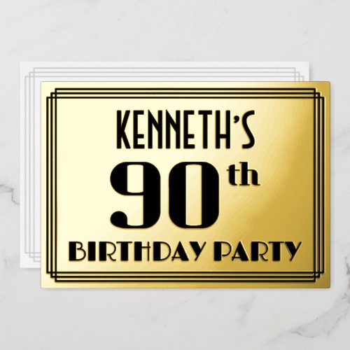 90th Birthday Party Art Deco Look 90 and Name Foil Invitation