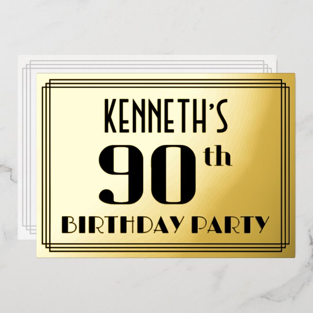 90th Birthday Party: Art Deco Look “90” and Name Foil Invitation (Front/Back)