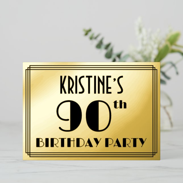 90th Birthday Party — Art Deco Look “90” + Name Foil Invitation (Standing Front)