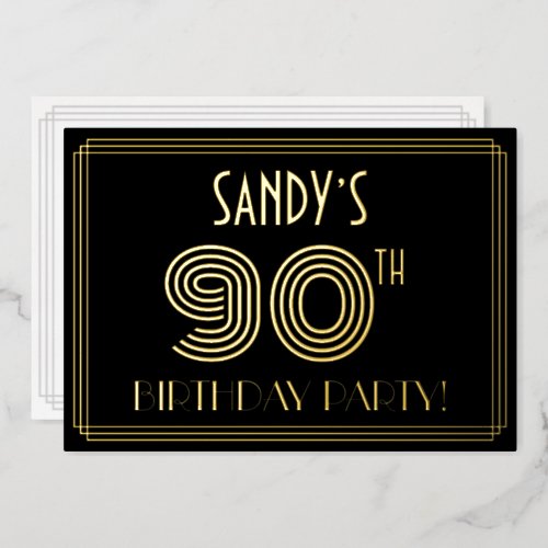 90th Birthday Party  Art Deco Style 90  Name Foil Invitation