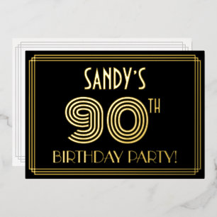 90th Birthday Party — Art Deco Style “90” + Name Foil Invitation