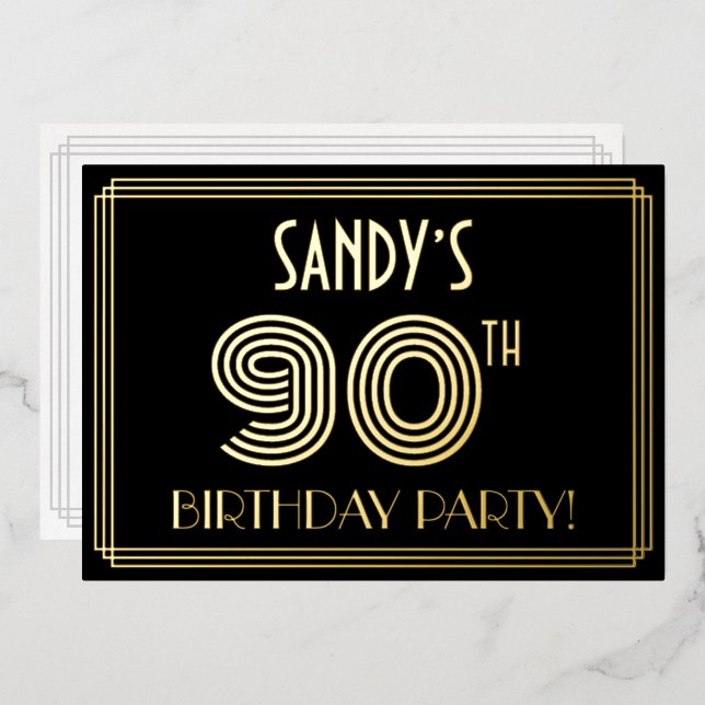 90th Birthday Party — Art Deco Style “90” + Name Foil Invitation (Front/Back)