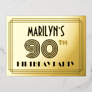 90th Birthday Party ~ Art Deco Style “90” + Name Foil Invitation Postcard