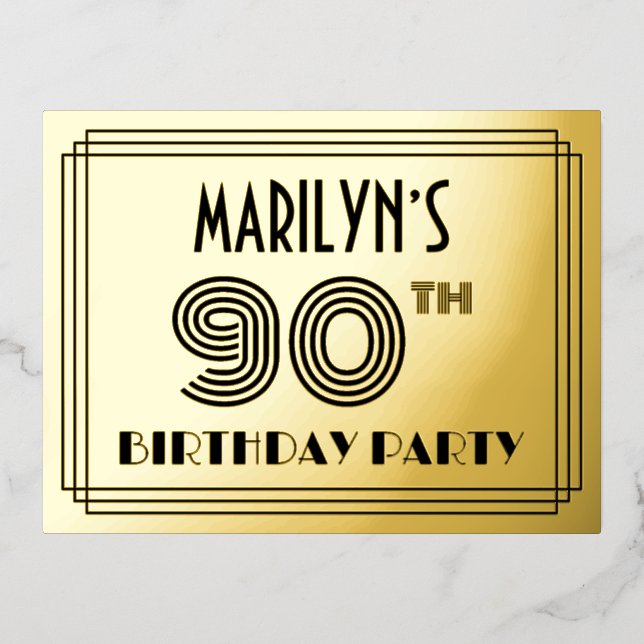 90th Birthday Party ~ Art Deco Style “90” + Name Foil Invitation Postcard (Front)