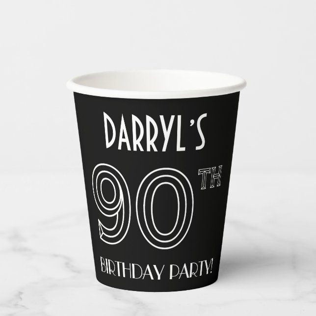90th Birthday Party: Art Deco Style + Custom Name Paper Cups (Front)