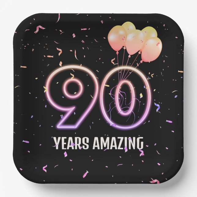 90th Birthday Party Balloons and Confetti Paper Plates (Front)