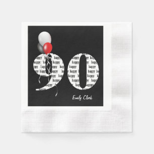 90th birthday party balloons on black napkins