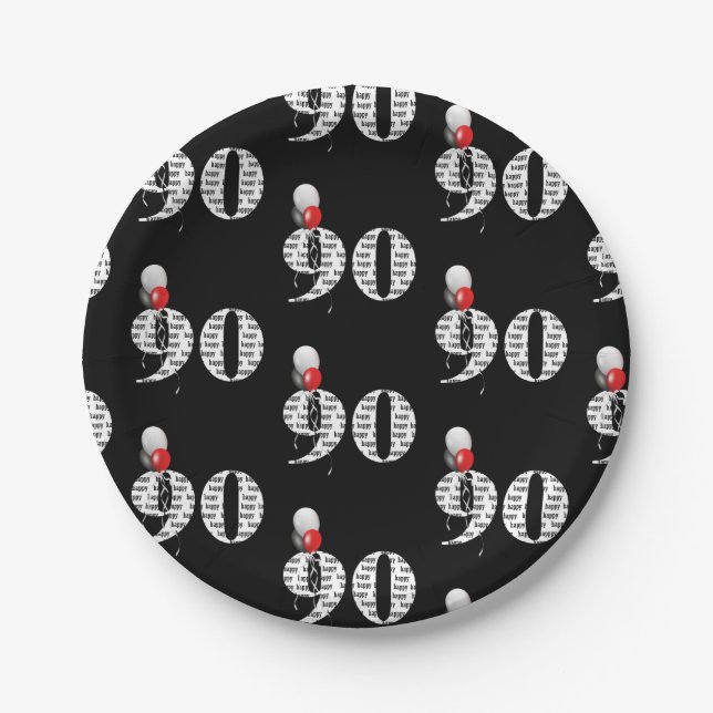 90th birthday party balloons on black paper plates (Front)