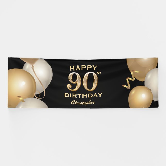 90th Birthday Party Black and Gold Balloons Banner (Horizontal)