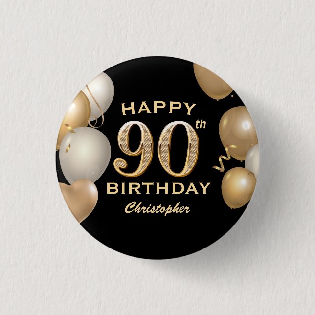 90th Birthday Party Black and Gold Balloons Button (Front)