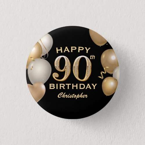 90th Birthday Party Black and Gold Balloons Button