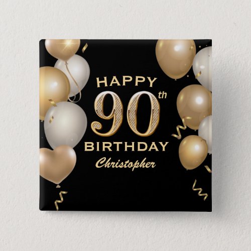 90th Birthday Party Black and Gold Balloons Button