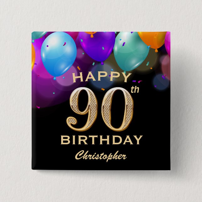 90th Birthday Party Black and Gold Balloons Button (Front)