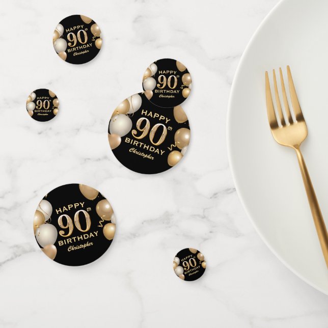 90th Birthday Party Black and Gold Balloons Confetti (Group)