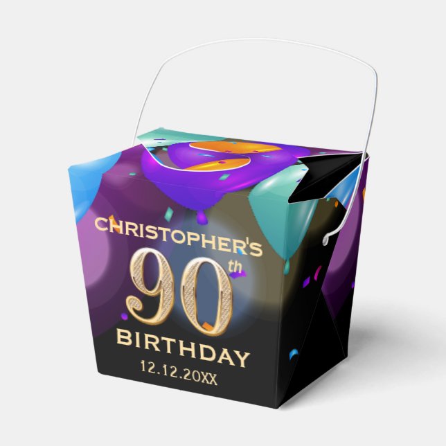 90th Birthday Party Black and Gold Balloons Favor Boxes (Front Side)