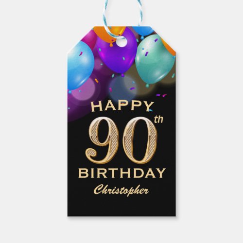 90th Birthday Party Black and Gold Balloons Gift Tags