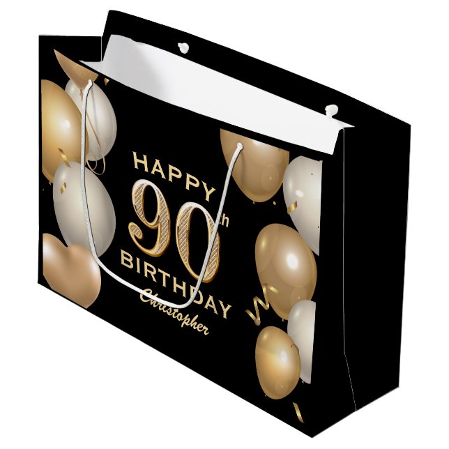 90th Birthday Party Black and Gold Balloons Large Gift Bag (Front Angled)