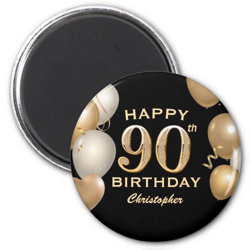 90th Birthday Party Black and Gold Balloons Magnet