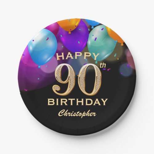 90th Birthday Party Black and Gold Balloons Paper Plates