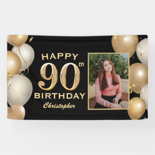 90th Birthday Party Black and Gold Balloons Photo Banner