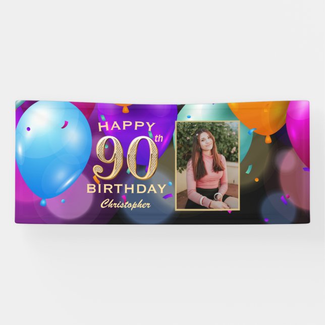 90th Birthday Party Black and Gold Balloons Photo Banner (Horizontal)