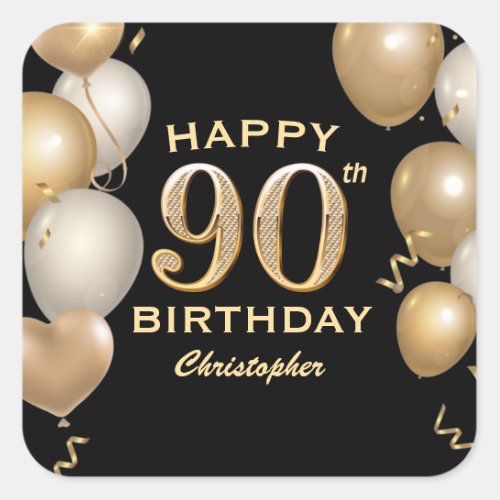 90th Birthday Party Black and Gold Balloons Square Sticker