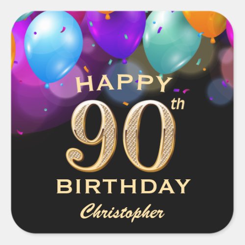 90th Birthday Party Black and Gold Balloons Square Sticker