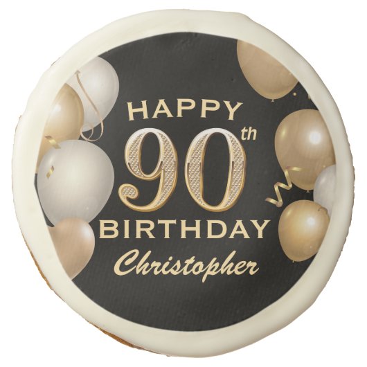 90th Birthday Party Black and Gold Balloons Sugar Cookie (Front)
