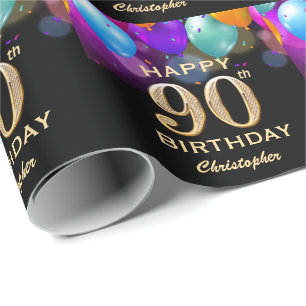 90th Birthday Party Black and Gold Balloons Wrapping Paper