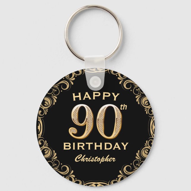 90th Birthday Party Black and Gold Glitter Frame Keychain (Front)