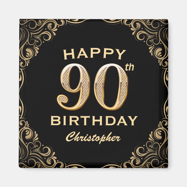 90th Birthday Party Black and Gold Glitter Frame Magnet (Front)