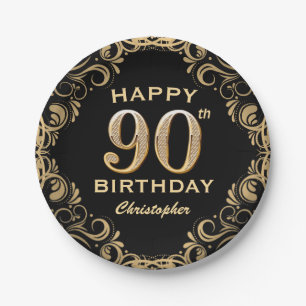 90th Birthday Party Black and Gold Glitter Frame Paper Plates