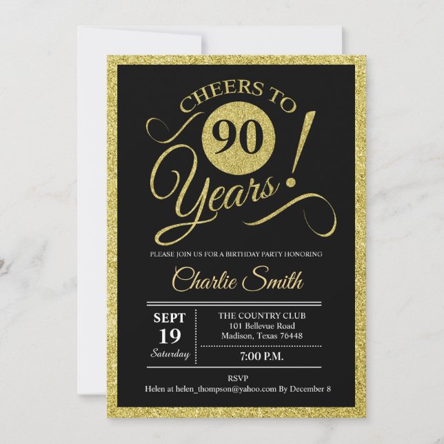 90th Birthday Party - Black Gold ANY AGE Invitation (Front)