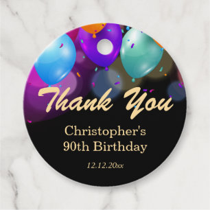 90th Birthday Party Black Gold Balloons Thank You Favor Tags