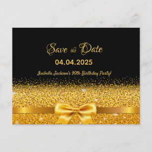 90th birthday party black gold bow save the date postcard