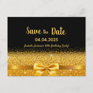 90th birthday party black gold bow save the date postcard