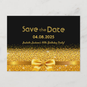 90th birthday party black gold bow save the date postcard