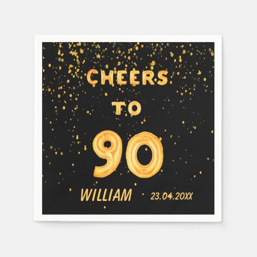 90th birthday party black gold cheers name napkins