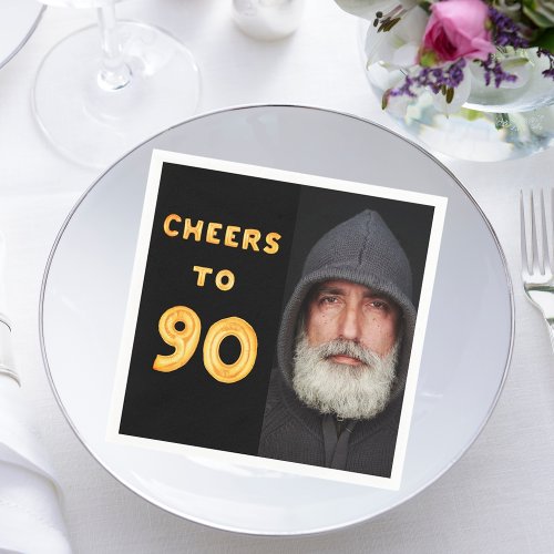 90th birthday party black gold cheers photo napkins