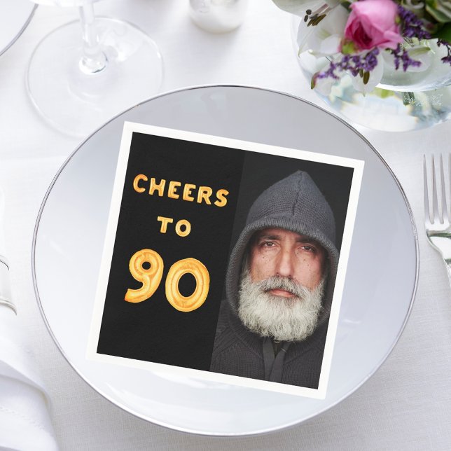 90th birthday party black gold cheers photo napkins (Creator Uploaded)