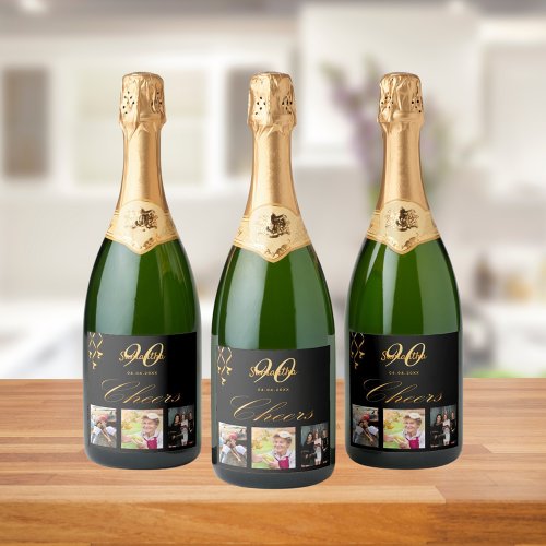 90th birthday party black gold cheers photo script sparkling wine label
