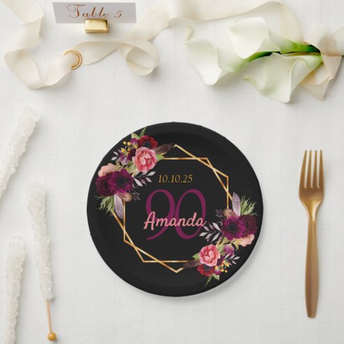 90th birthday party black gold geo floral burgundy paper plates