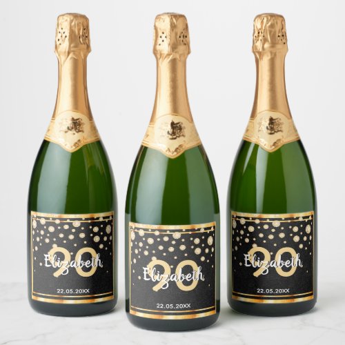 90th birthday party black gold glitter diamonds sparkling wine label