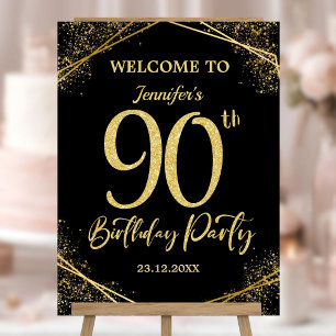 90th Birthday Party Black & Gold Glitter Welcome Foam Board