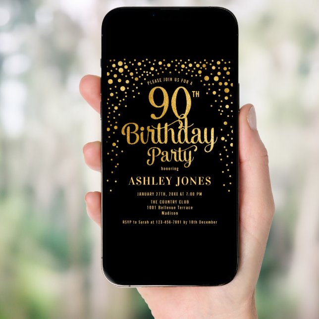90th Birthday Party - Black & Gold Invitation (Front Digital)